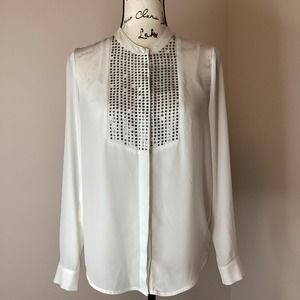 Long Sleeve White Blouse Tunic Top Silver Rhinestones Hidden Buttons Size XSmall